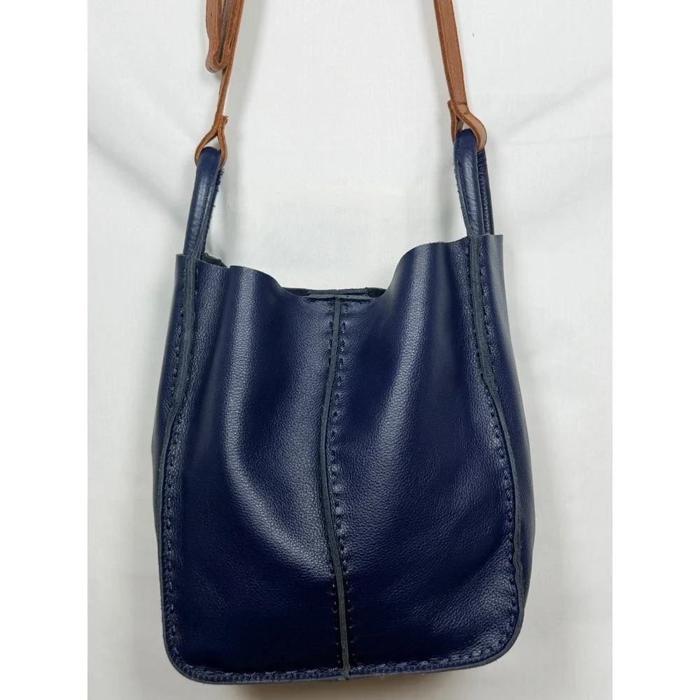The Sak Los Feliz Leather Bucket Bag Blue Brown Crossbody Shoulder Purse Boho